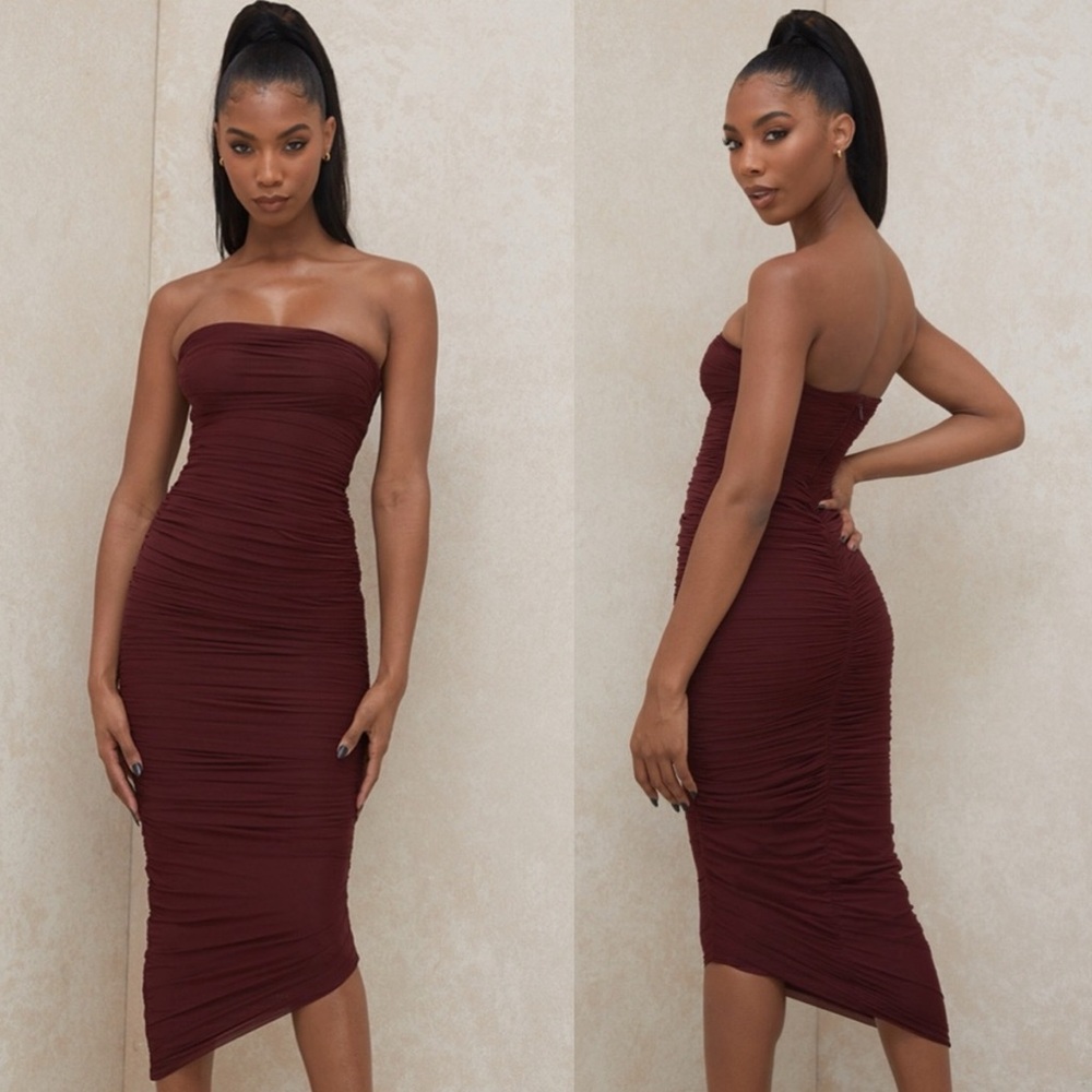House of CB Sasha Raisin Ruched Strapless Mesh Dress Burgundy Size S